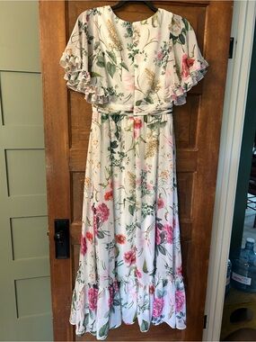 Adam Floral White Maxi Dress with Pink and Green Accents